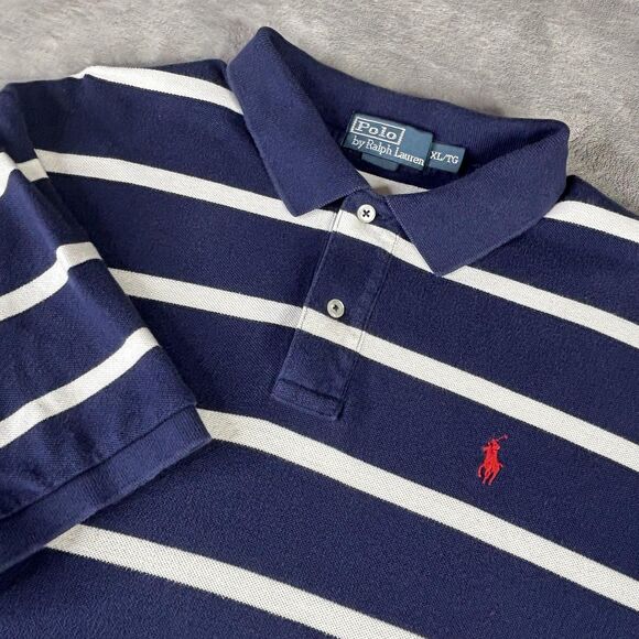Polo Ralph Lauren Polo Shirt Mens XL Navy White Striped Red Pony Pique Knit - Picture 1 of 10